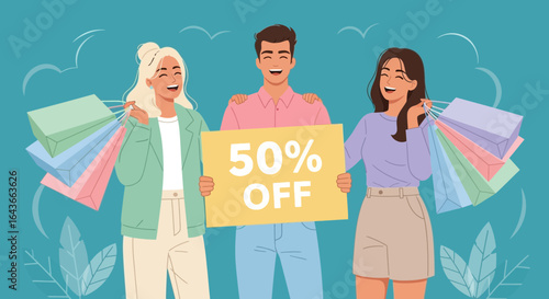 Three smiling people holding shopping bags and a sign promoting a 50% off sale.