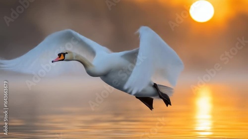 Majestic Swan in Flight at Sunrise