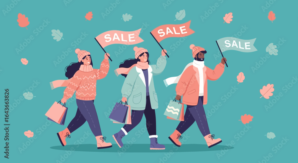 Obraz premium Three diverse people in winter clothes holding sale flags and shopping bags walk against a teal background with leaf accents.