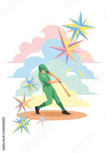 A baseball player in green uniform swings a bat, surrounded by colorful starbursts and clouds.