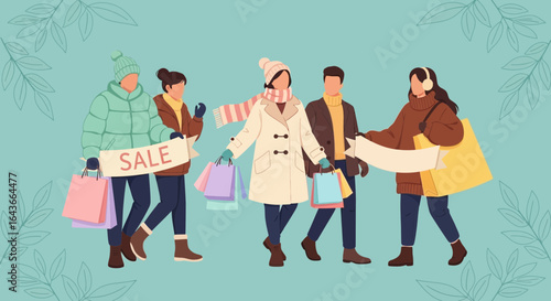Winter shoppers joyfully carrying bags after a successful sale.