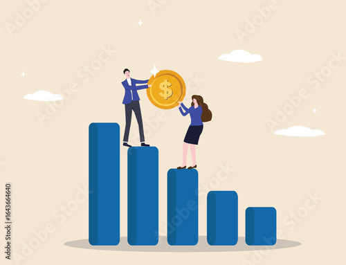 Growth in investments, stock market or business expansion, profit generation, and long-term pension fund increase, illustrated by the concept of a businessman pushing a coin up an exponential graph.