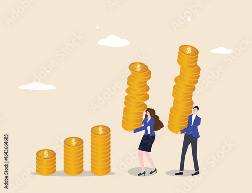 Financial growth, investment, and rising wealth symbolizing income expansion overall prosperity, illustrated a businessman holding a tall stack of dollar coins adding them to a compound growth chart.