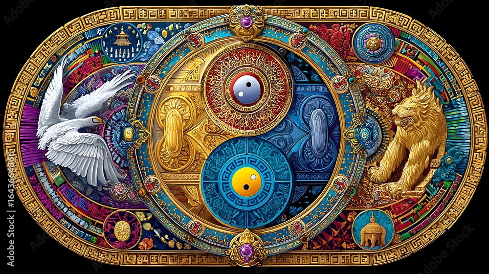 Obraz premium Intricate Circular Design with Symbolic Elements Representing Harmony and Balance in Nature