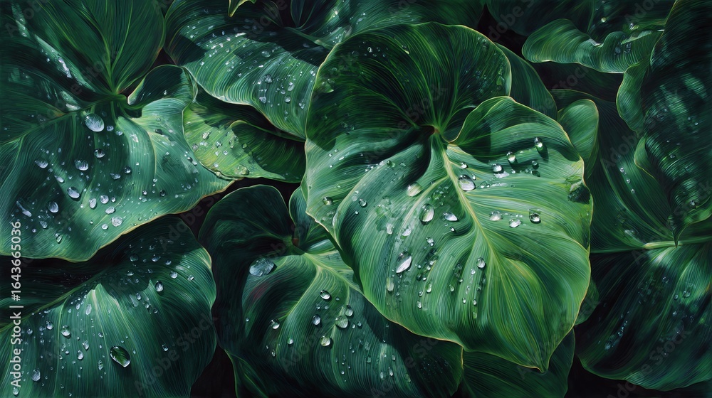 Fototapeta premium Lush green leaves with water droplets, capturing the beauty of nature's elegance and freshness.