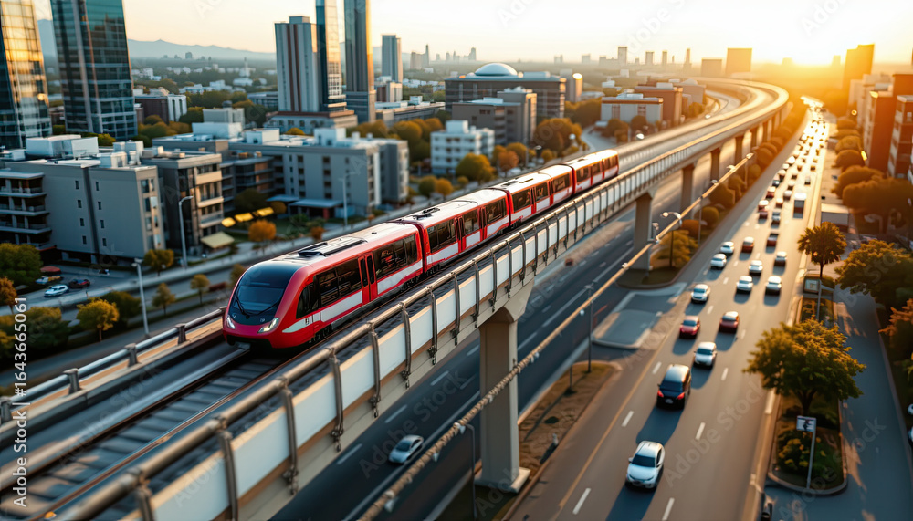 Fototapeta premium an urban setting with a modern rail system in operation. a high speed train is seen gliding over an elevated track at dusk, moving through a metropolitan area with various buildings in the background