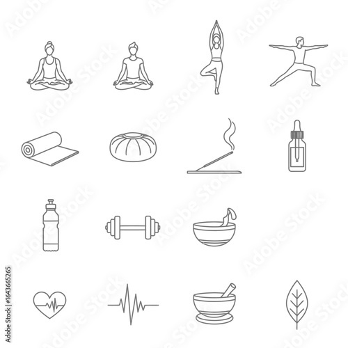 Holistic health and mindfulness icon collection with yoga poses and herbal elements