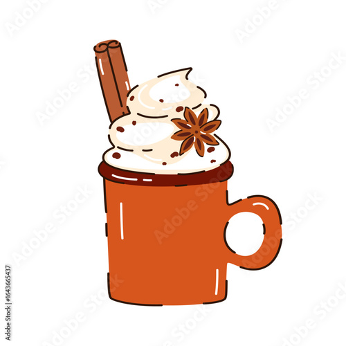 Autumn coffee drink, hot chocolate with cream, cocoa. Vector illustration.