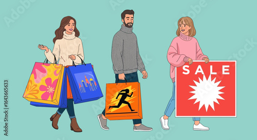 Three people shopping, carrying bags and a sale sign, walking forward.