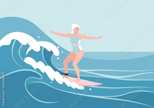 A woman in a swimsuit is surfing a wave, balancing with outstretched arms on a pink surfboard.
