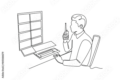 simple continuous line draw of a man use handy talky for communication at monitoring room. Monitoring and control activity. Secure activity.