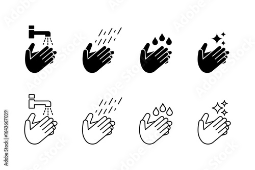 Washing hands icon set. Healthcare wash hands process with rinse water, tap, soap, and safety icons. Clean hands icon vector.