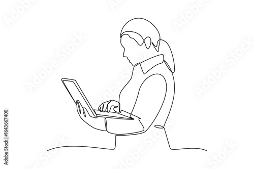 simple continuous line draw of woman monitoring control of laptop. Monitoring and control activity. Secure activity.