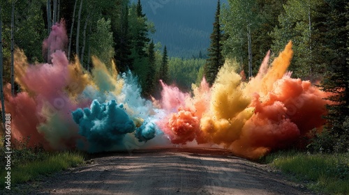 A lush green forest abloom with brightly colored smoke bombs creating a fantastical and dreamy environment
