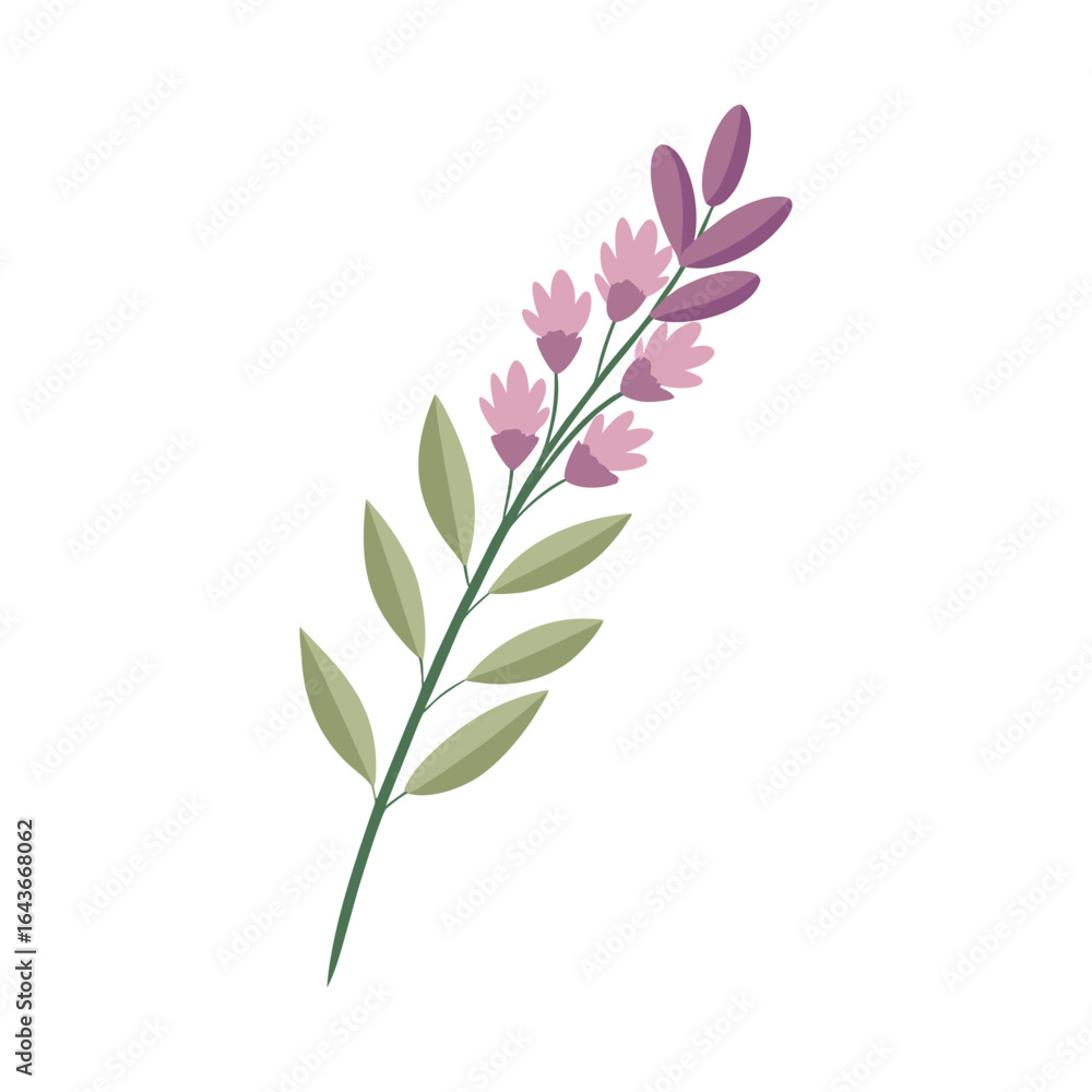 Delicate watercolor illustration of a pink flowering branch with green leaves Delicate watercolor illustration of a pink flowering branch with green leaves