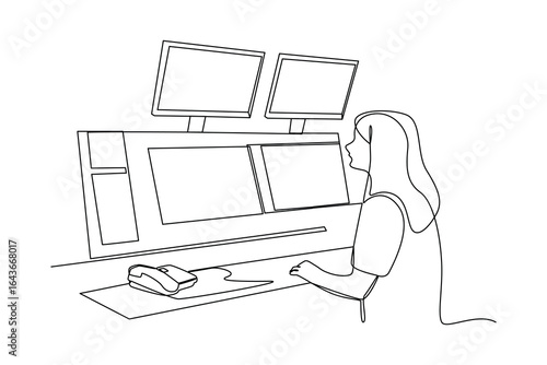 simple continuous line draw of woman monitoring control of laptop. Monitoring and control activity. Secure activity.