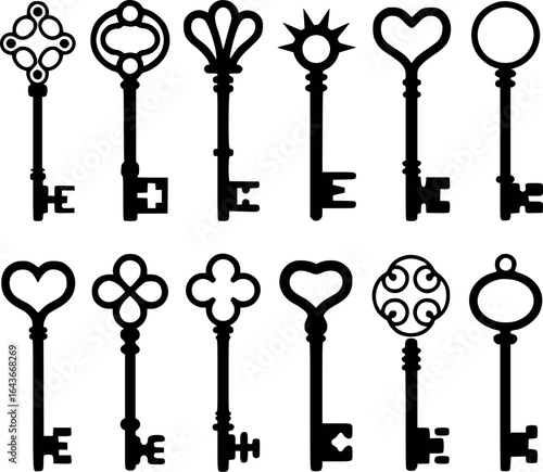 Antique ornate skeleton keys collection black silhouettes vector