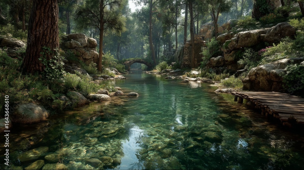Fototapeta premium A clear, shallow river flows through a lush green forest, with mosscovered rocks and trees lining the banks, illuminated by dappled sunlight filtering through the canopy