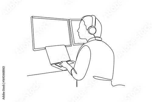 simple continuous line draw of a man monitoring mining activity at cctv room. Monitoring and control activity. Secure activity.