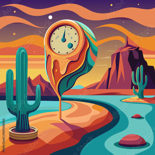 Surreal Clock Melting into Desert Landscape, Dreamlike Time Concept Illustration