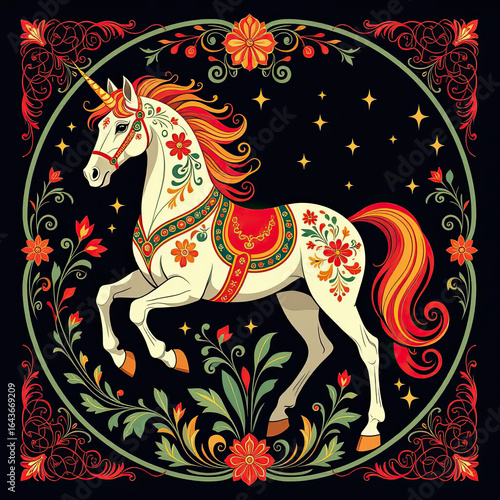 Majestic unicorn adorned with flowers in a vibrant, colorful design against a dark background