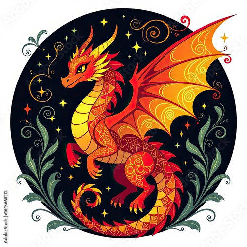 Colorful dragon illustration with intricate designs in a vibrant setting at night