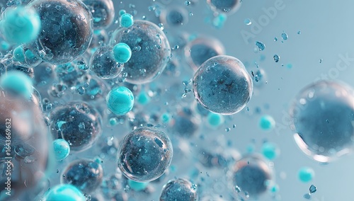 Wallpaper Mural Abstract 3D render of translucent teal spheres of varying sizes, floating and interacting in a light blue, ethereal space, with smaller droplets scattered amidst them Torontodigital.ca