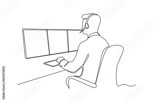 simple continuous line draw of a man using headset in monitoring control room. Monitoring and control activity. Secure activity.