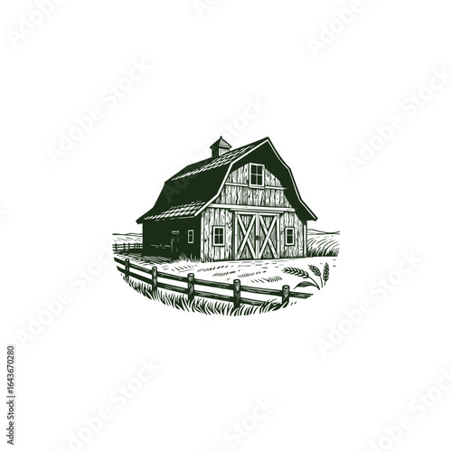 engraving logo illustration of a barn set in a lush farm or plantation. Fine linework highlights the rustic charm of rural life
