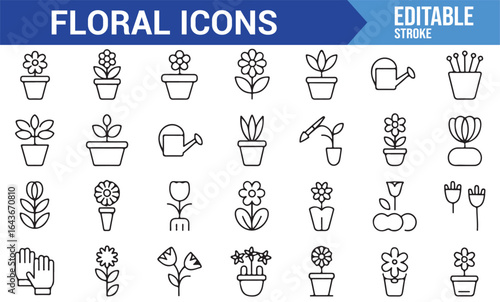 Gardening Icons Set Including Flowerpots, Watering Can, and Blooming Plants