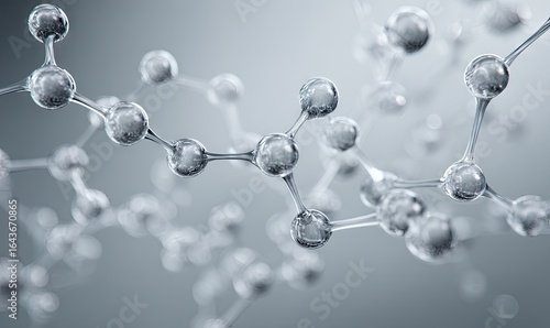 Abstract 3D rendering of interconnected transparent spheres and rods, resembling a molecular structure against a blurred grey background