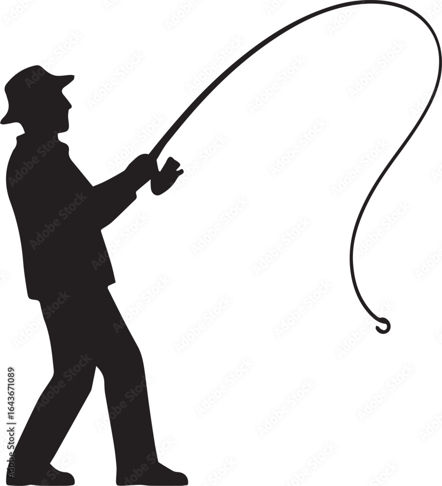 Obraz premium Solitary Fisherman: A silhouette of a dedicated fisherman casts his line, embodying the art of angling with a serene and focused presence.