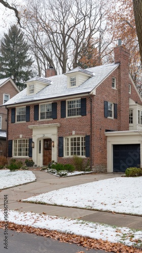 Brick house with dark shutters, snow-covered roof, and autumn leaves