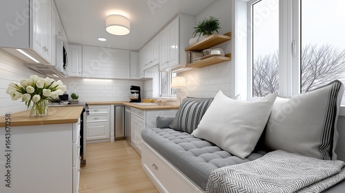 Cozy modern kitchen with natural light and comfortable seating area
