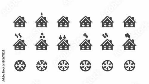 Collection of winter themed icons featuring houses with chimneys and snowflakes in a simple design style