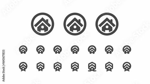 Illustration of three house icons in circles with variations of arrow icons below in a symmetrical layout