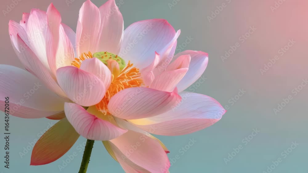 Delicate Pink Lotus Flower with Soft Petals and Vibrant Yellow Center Against Gentle Background Delicate Pink Lotus Flower with Soft Petals and Vibrant Yellow Center Against Gentle Background