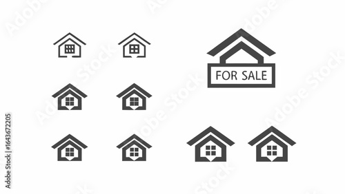 Collection of simple house icons with different window styles and a for sale sign displayed above one 99 char