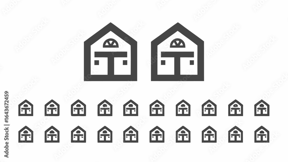 Fototapeta premium Illustration of multiple dark gray house icons arranged in rows on a white background style simple