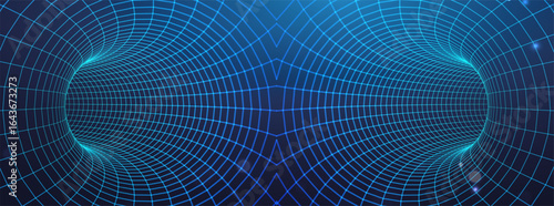Wormhole tunnel with tech data texture and digital cyber vortex effect. Abstract 3D wireframe portals interstellar pattern for sci fi background. AI powered light warp futuristic energy transitions.