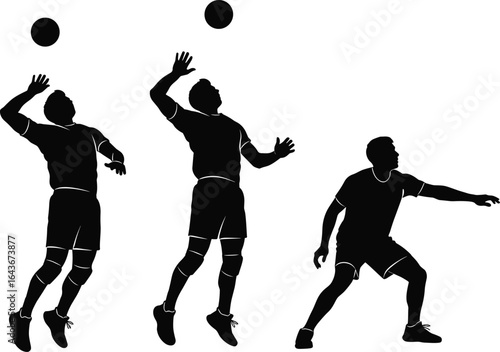 Silhouette of male volleyball player in action, from serve toss to spike, capturing dynamic motion and athletic prowess against a clean white background, for sports and fitness themes.