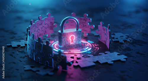 Cybersecurity concept with glowing padlock surrounded by puzzle pieces, representing data protection and digital security in a modern world, secure and safe