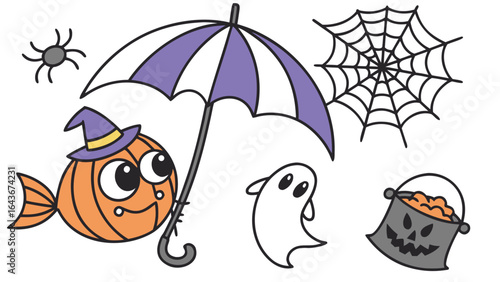 Cute Happy  anglerfish, accessorized with under an umbrella, in a Halloween world – Spooky Fun palette vector