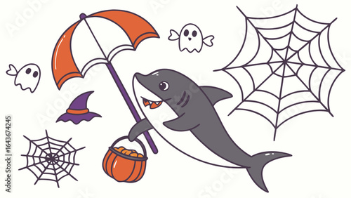 Cute Funny  shark, accessorized with under an umbrella, in a Halloween world – Spooky Fun palette vector
