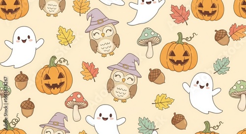 Cute halloween seamless pattern with pumpkin and ghost on yellow background