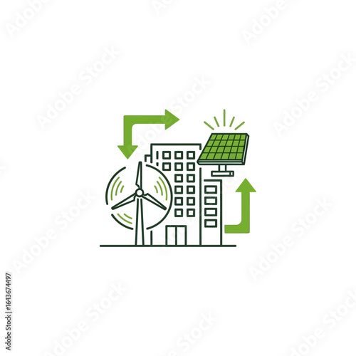Sustainable urban building powered by renewable wind and solar energy line art icon. Vector Illustrations. EPS Editable