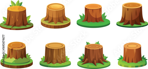Collection of eight tree stumps with green grass in isometric view