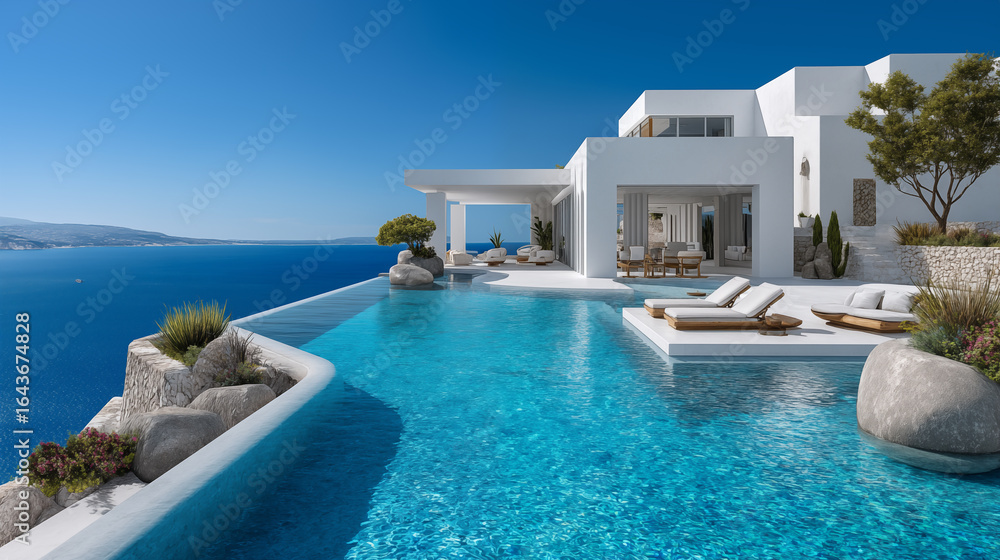 Fototapeta premium White villa with swimming pool and sea view