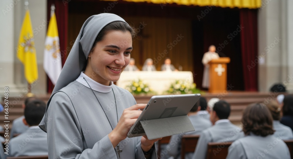 Fototapeta premium A young woman nun using a tablet, smiling during a religious conference or workshop, showing modern Christianity and catholic church.