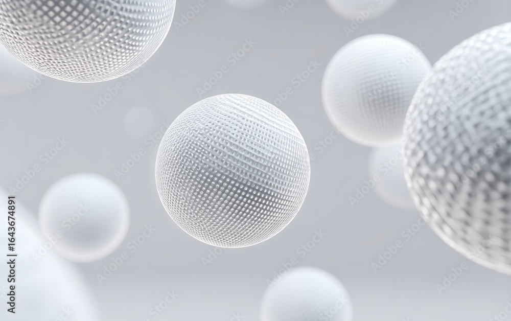 Fototapeta premium Abstract image of numerous textured white spheres floating against a pale gray backdrop, creating a sense of depth and three-dimensionality